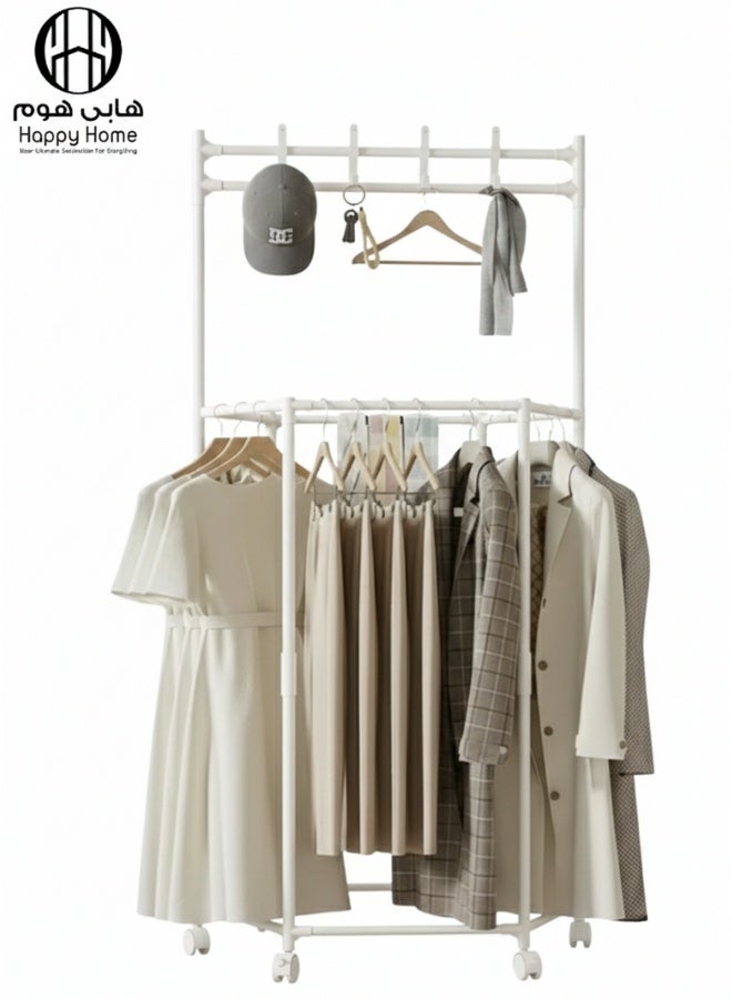 هابي هوم ستاند ملابس متحرك على عجلات 165×73×36 سم – علاقة ملابس أرضية معدنية شديدة التحمل مع رفوف تخزين متعددة، منظم ملابس عملي للمدخل وغرفة النوم وغرفة الملابس، تصميم عصري لتنظيم الملابس، الأحذية والإكسسوارات واستغلال المساحة بأفضل شكل - Image 1